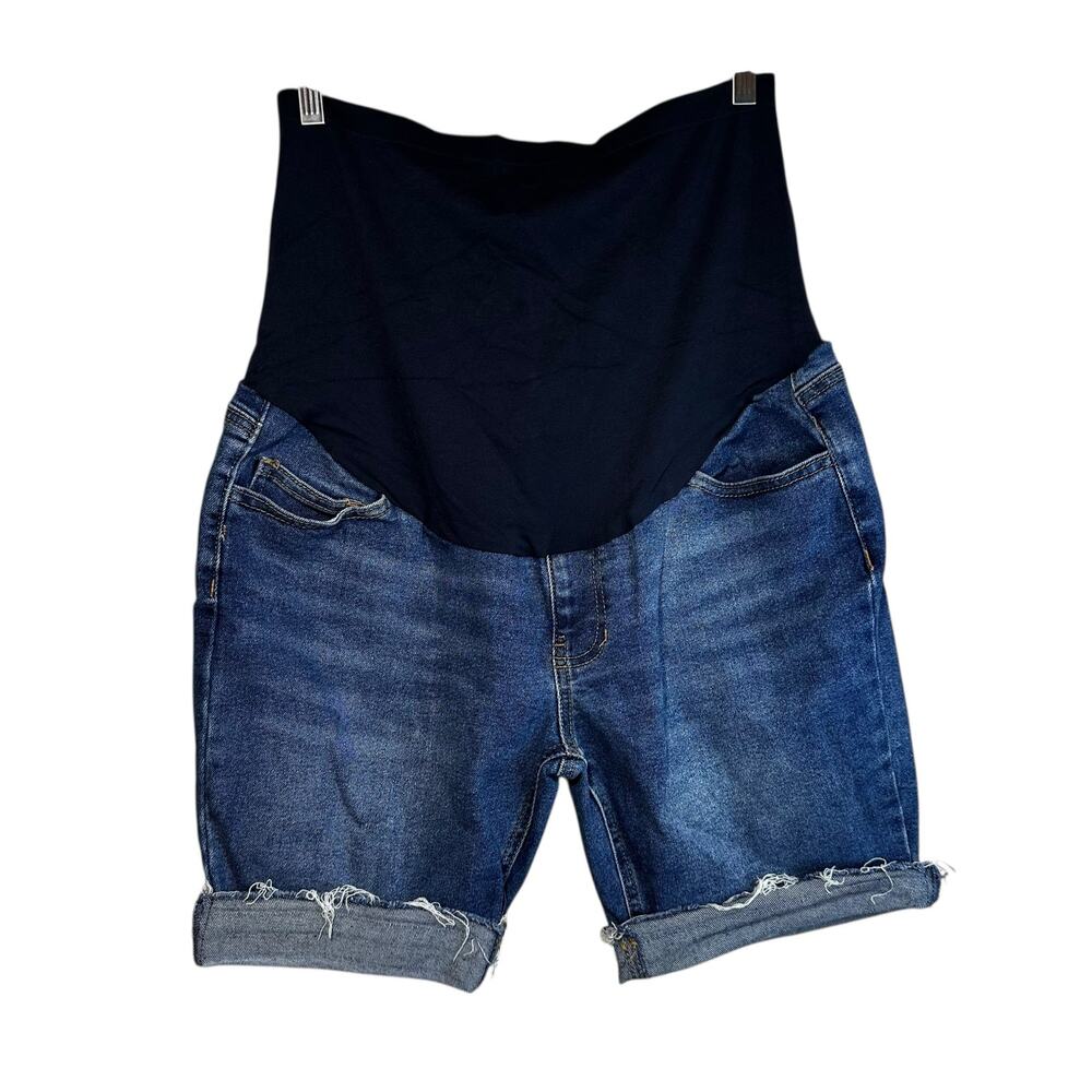 Time and Tru Maternity Denim Cuffed Frayed Bermuda Shorts Full Belly Band M 8-10